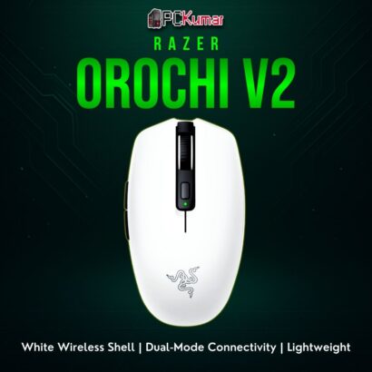 Razer Orochi V2 in white, featuring a compact symmetrical shape for on-the-go or laptop gaming.