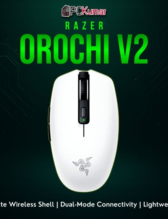 Razer Orochi V2 in white, featuring a compact symmetrical shape for on-the-go or laptop gaming.