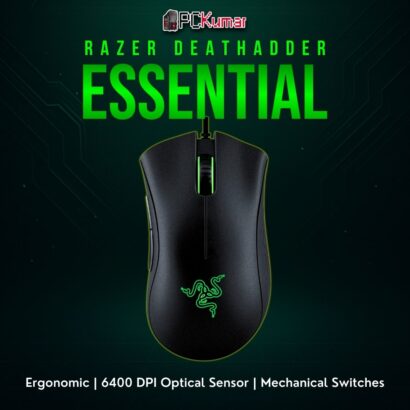 Razer DeathAdder Essential gaming mouse in black, featuring a classic contoured shell and clickable scroll wheel.