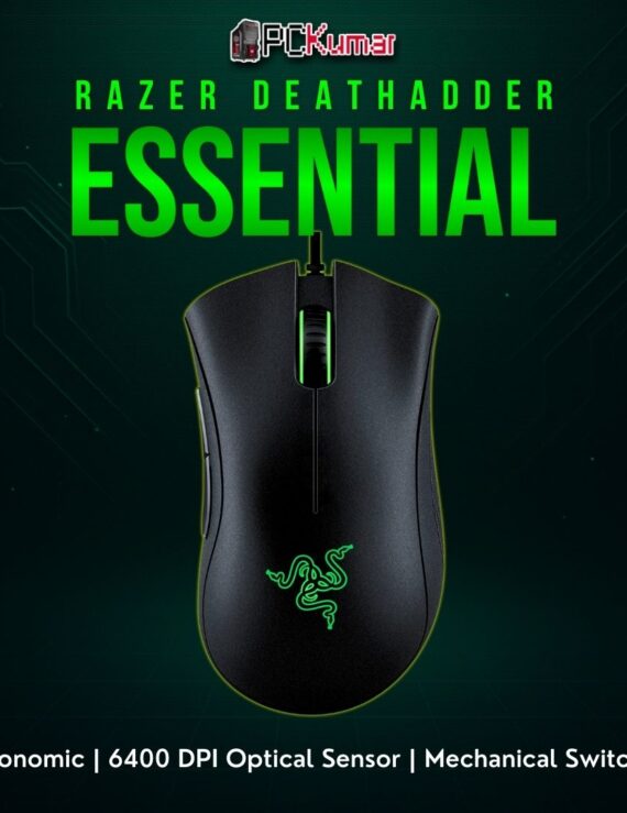 Razer DeathAdder Essential gaming mouse in black, featuring a classic contoured shell and clickable scroll wheel.