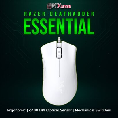 Razer DeathAdder Essential White Edition with a contoured right-hand shape and sturdy scroll wheel, suitable for daily gaming.