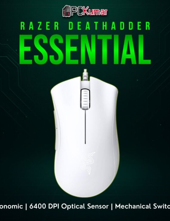 Razer DeathAdder Essential White Edition with a contoured right-hand shape and sturdy scroll wheel, suitable for daily gaming.