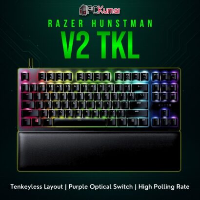 Razer Huntsman V2 TKL with clicky purple switches, a black chassis, and advanced optical input technology.
