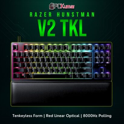 Razer Huntsman V2 TKL in black, loaded with linear red optical switches for swift, quiet actuation.