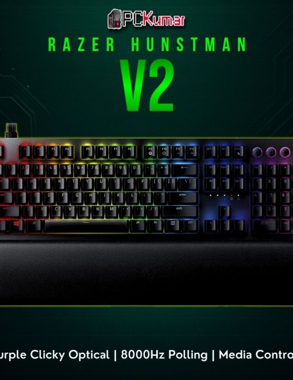 Razer Huntsman V2 with clicky purple optical switches, bright Chroma lighting, and dedicated media controls.