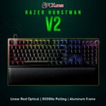 Razer Huntsman V2 in black, employing linear red optical switches and per-key RGB lighting for immersive gaming.