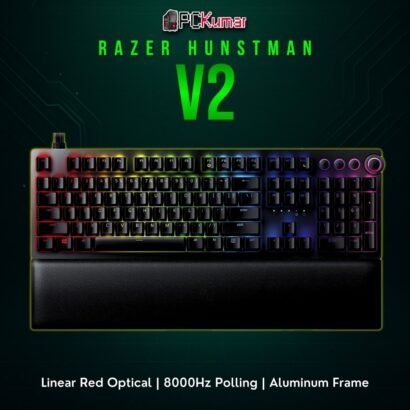 Razer Huntsman V2 in black, employing linear red optical switches and per-key RGB lighting for immersive gaming.