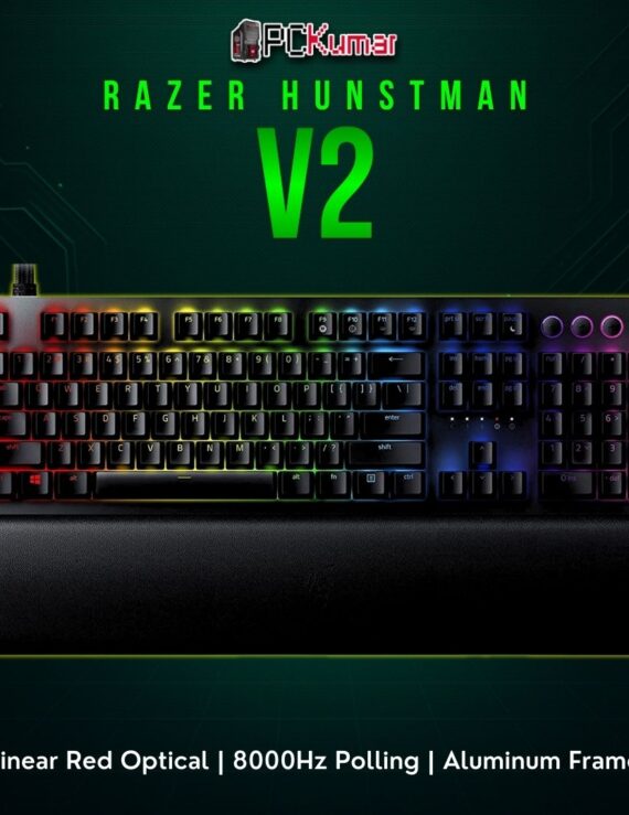 Razer Huntsman V2 in black, employing linear red optical switches and per-key RGB lighting for immersive gaming.