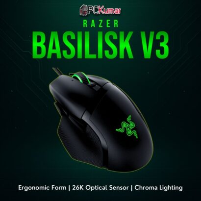 Black Razer Basilisk V3 mouse with ergonomic curves, side buttons, and vibrant Chroma illumination.