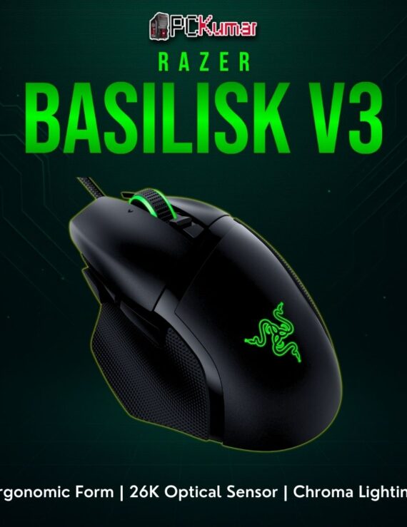 Black Razer Basilisk V3 mouse with ergonomic curves, side buttons, and vibrant Chroma illumination.