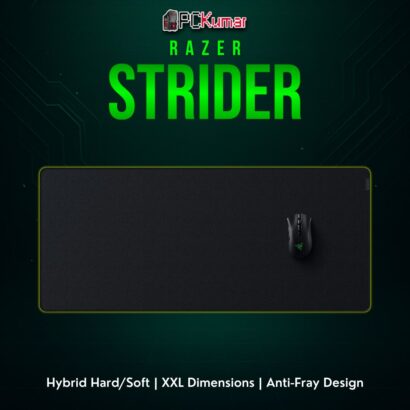 Razer Strider XXL black mat providing a balanced surface for both rapid glides and precise control, suitable for large desk setups.