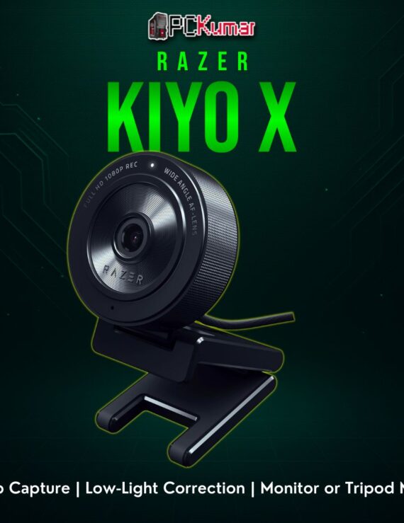 Razer Kiyo X in black, featuring a lens up front, minimal ring or no ring, built for straightforward streaming.