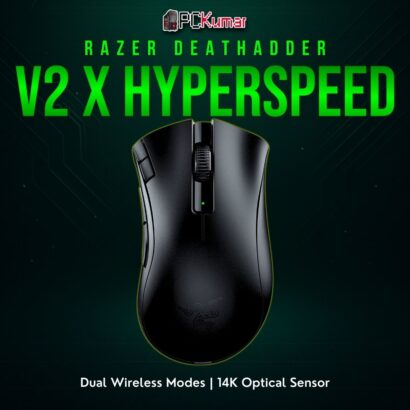 Razer DeathAdder V2 X HyperSpeed featuring a black contoured body, offering both HyperSpeed and Bluetooth connectivity.