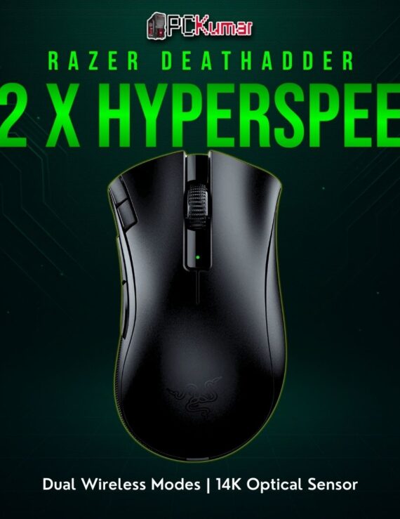 Razer DeathAdder V2 X HyperSpeed featuring a black contoured body, offering both HyperSpeed and Bluetooth connectivity.