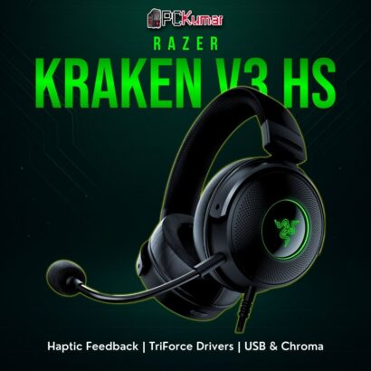 Razer Kraken V3 HyperSense featuring black earcups with built-in haptic modules to enhance gaming immersion.