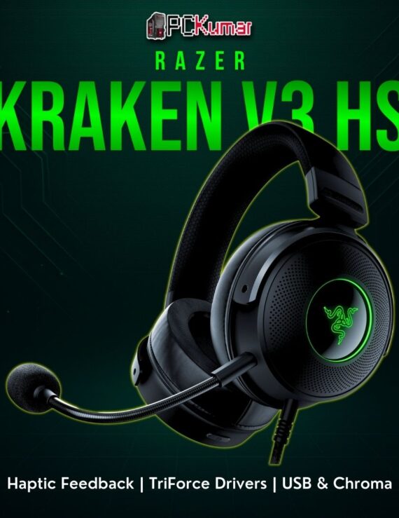Razer Kraken V3 HyperSense featuring black earcups with built-in haptic modules to enhance gaming immersion.