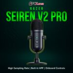 Razer Seiren V2 Pro black cylinder mic on a stable desk stand, featuring minimal controls for streaming or voice recording.