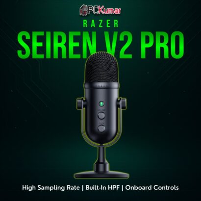 Razer Seiren V2 Pro black cylinder mic on a stable desk stand, featuring minimal controls for streaming or voice recording.