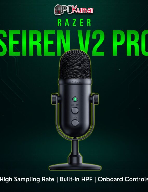 Razer Seiren V2 Pro black cylinder mic on a stable desk stand, featuring minimal controls for streaming or voice recording.