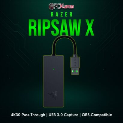Razer Ripsaw X black capture card with a single HDMI input and USB port, delivering minimal-latency streaming.