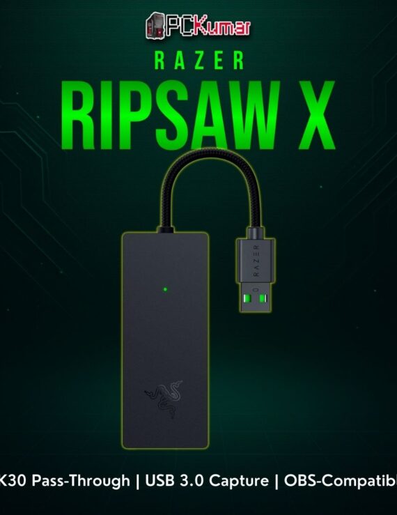 Razer Ripsaw X black capture card with a single HDMI input and USB port, delivering minimal-latency streaming.
