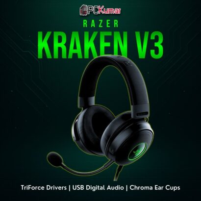 Razer Kraken V3 headset in black featuring large circular earcups, Chroma lighting, and a padded headband.