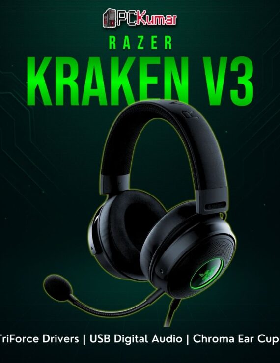 Razer Kraken V3 headset in black featuring large circular earcups, Chroma lighting, and a padded headband.