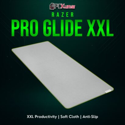 Razer Pro Glide XXL in a neutral gray design, offering extended coverage for an entire workspace, beneficial for office or casual gaming.