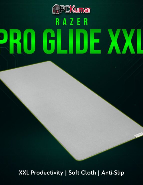 Razer Pro Glide XXL in a neutral gray design, offering extended coverage for an entire workspace, beneficial for office or casual gaming.