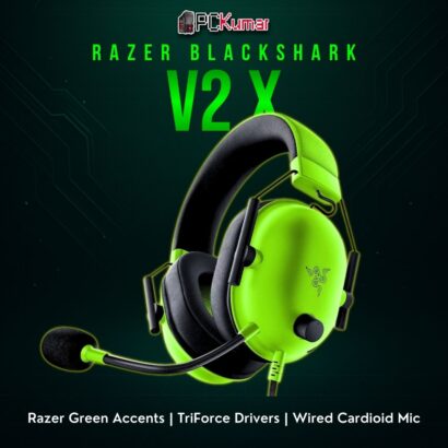 Razer BlackShark V2 X in black with green earcup accents, a flexible mic, and a lightweight headband.