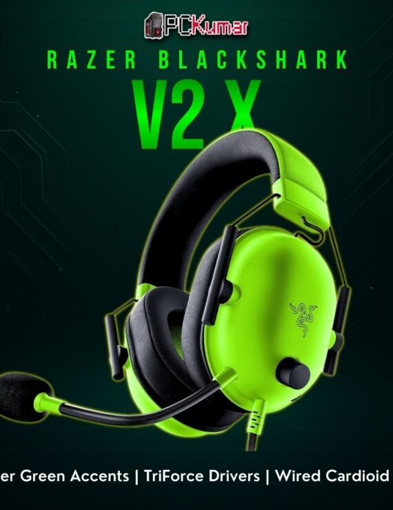 Razer BlackShark V2 X in black with green earcup accents, a flexible mic, and a lightweight headband.