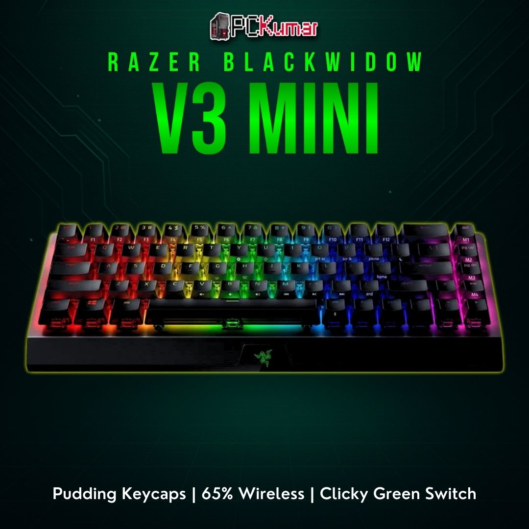 Razer BlackWidow V3 Mini HyperSpeed Phantom Pudding with Green switches, featuring bright backlighting via transparent keycap sides.