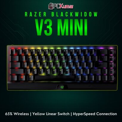 Black Razer BlackWidow V3 Mini HyperSpeed with arrow keys, enabling a compact but functional layout.