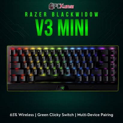Black Razer BlackWidow V3 Mini HyperSpeed with a tactile click from Razer Green mechanical switches in a compact layout.