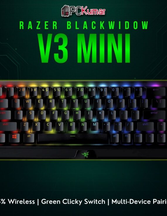 Black Razer BlackWidow V3 Mini HyperSpeed with a tactile click from Razer Green mechanical switches in a compact layout.