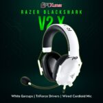 Razer BlackShark V2 X in white, featuring a black headband, memory foam ear cushions, and a flexible microphone.