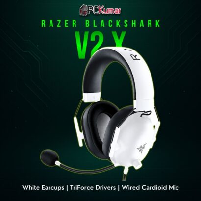 Razer BlackShark V2 X in white, featuring a black headband, memory foam ear cushions, and a flexible microphone.