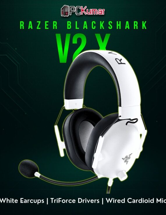 Razer BlackShark V2 X in white, featuring a black headband, memory foam ear cushions, and a flexible microphone.