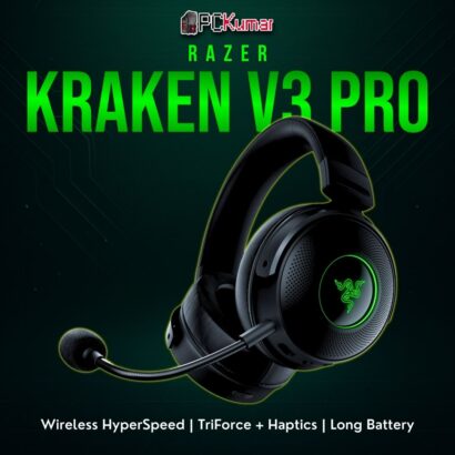 Razer Kraken V3 Pro in black, featuring large earcups with wireless capability and optional haptic vibration.