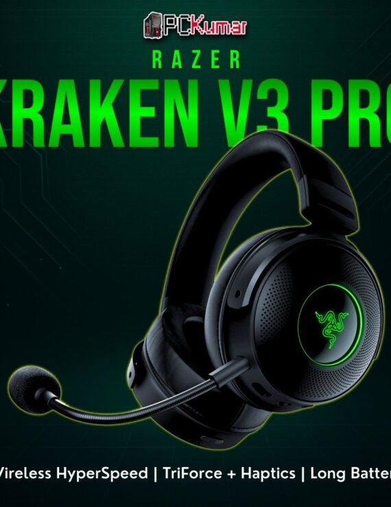 Razer Kraken V3 Pro in black, featuring large earcups with wireless capability and optional haptic vibration.