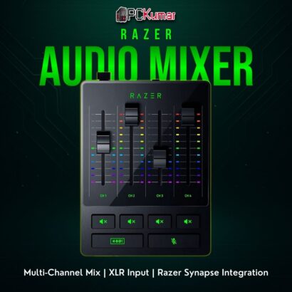 Razer Audio Mixer with multiple volume faders, XLR port, and Chroma lighting, enabling easy streaming audio control.