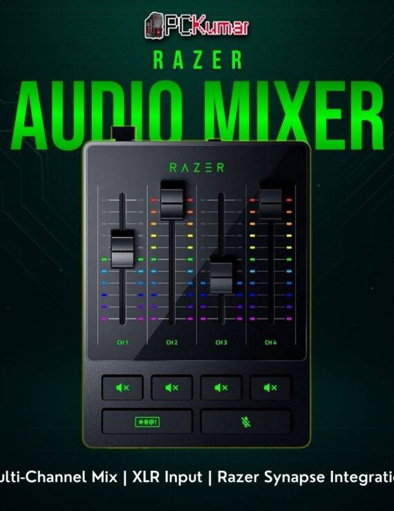 Razer Audio Mixer with multiple volume faders, XLR port, and Chroma lighting, enabling easy streaming audio control.