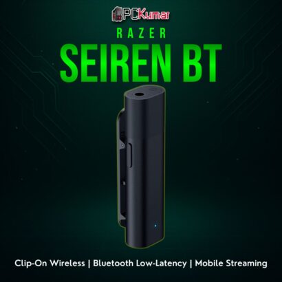 Razer Seiren BT black clip-on mic featuring a small rectangular body for on-the-go phone streaming or vlogging.