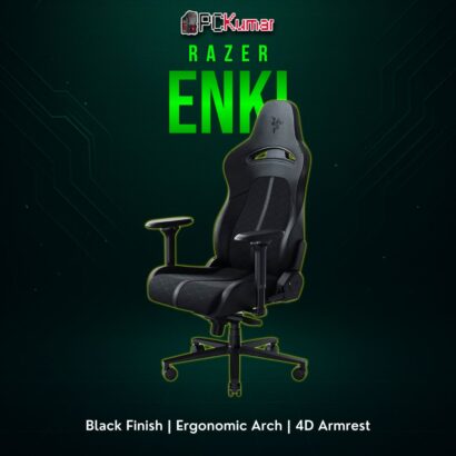 Razer Enki in black with contoured seat edges, thick foam padding, and a robust steel or aluminum frame for daily usage.