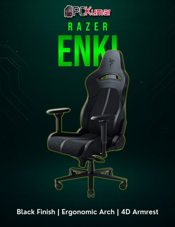 Razer Enki in black with contoured seat edges, thick foam padding, and a robust steel or aluminum frame for daily usage.