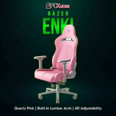 Razer Enki Quartz gaming chair in pastel pink, featuring a tall backrest, side bolsters, and robust seat for continuous comfort.