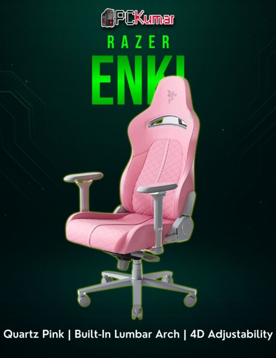 Razer Enki Quartz gaming chair in pastel pink, featuring a tall backrest, side bolsters, and robust seat for continuous comfort.