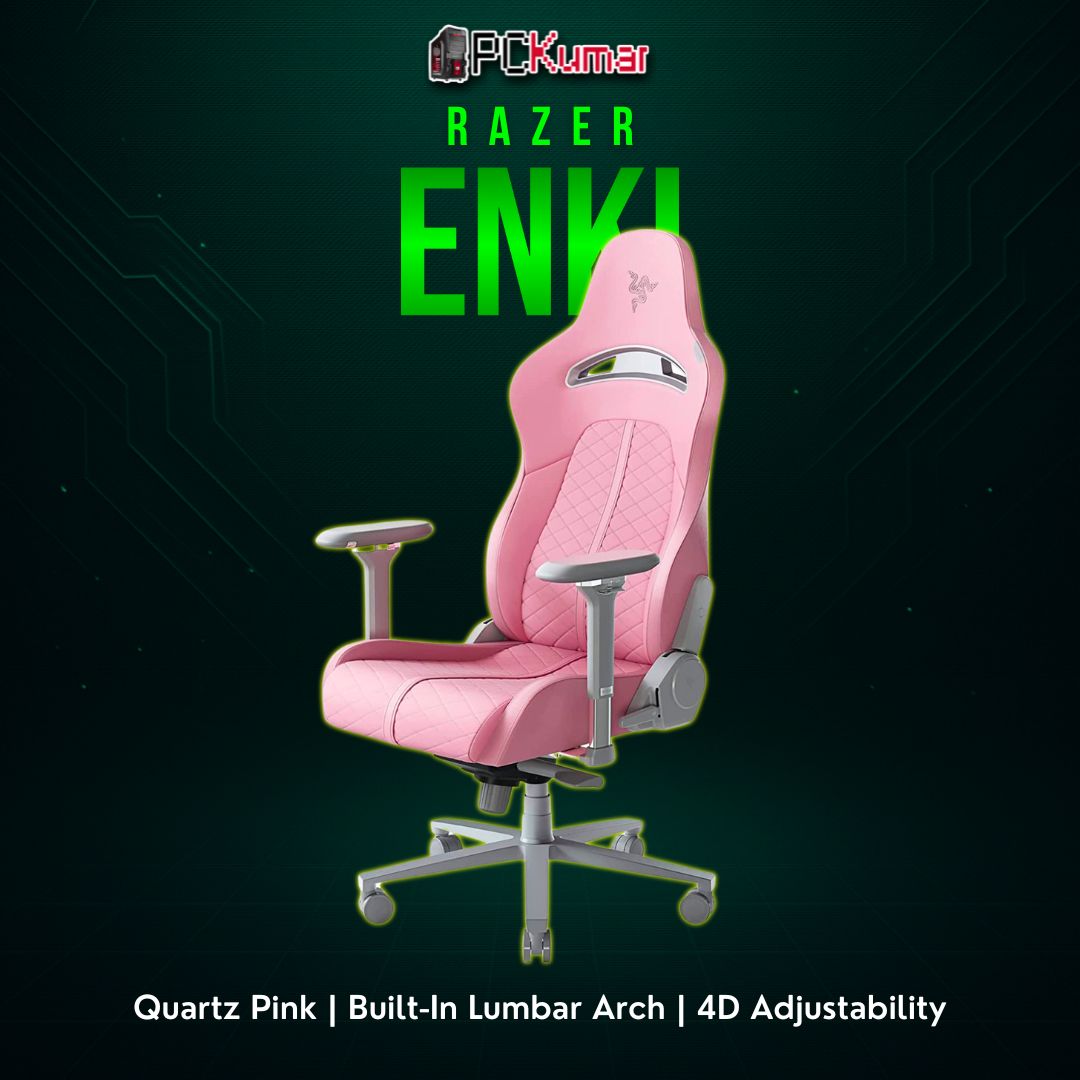Razer Enki Quartz gaming chair in pastel pink, featuring a tall backrest, side bolsters, and robust seat for continuous comfort.