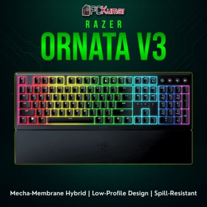 Razer Ornata V3 black gaming keyboard with slim keycaps, mecha-membrane switches, and per-key Chroma lighting.