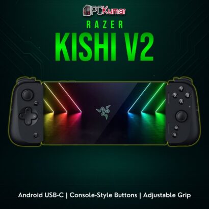 Razer Kishi V2 for Android in black, expanding to attach around a phone with comfortable side grips.